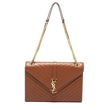 Pre Owned Saint Laurent Tan Matelassé Leather Large Monogram Envelope Shoulder Bag