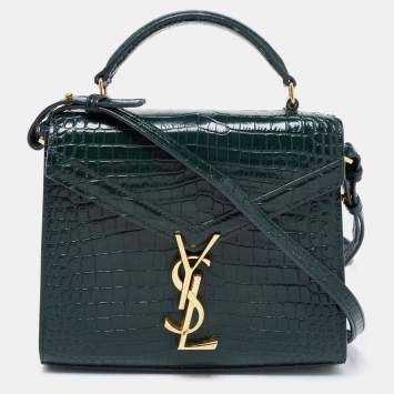 Pre Owned Saint Laurent Green Croc Embossed Leather Cassandre Top Handle Bag