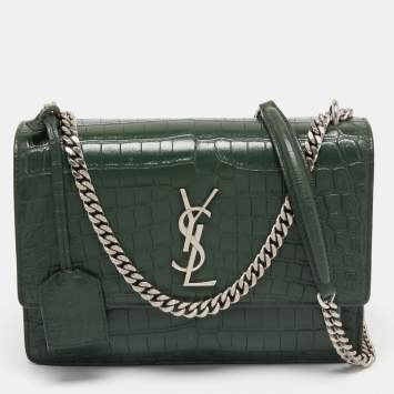 Pre Owned Saint Laurent Green Croc Embossed Leather Medium Sunset Shoulder Bag