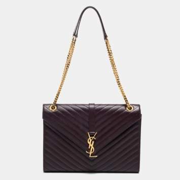 Pre Owned Saint Laurent Burgundy Matelassé Leather Large Monogram Envelope Shoulder Bag