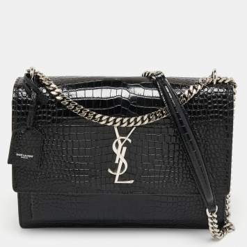 Pre Owned Saint Laurent Black Croc Embossed Leather Large Sunset Shoulder Bag