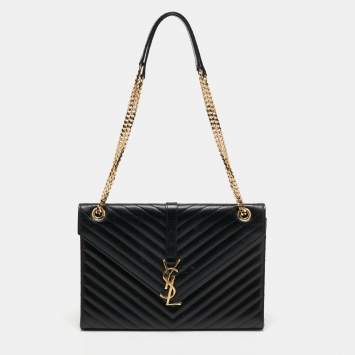 Pre Owned Saint Laurent Black Matelasse Leather Large Monogram Envelope Shoulder Bag