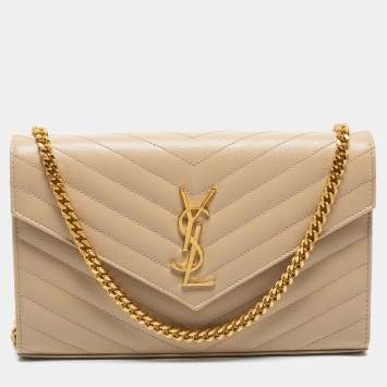 مملوكة مسبقًا Saint Laurent Beige Matelasse Leather Monogram Envelope Wallet on Chain