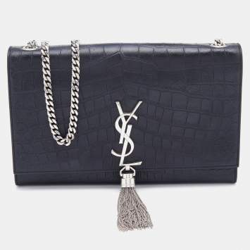 Pre Owned Saint Laurent Black Croc Embossed Leather Medium Kate Chain Crossbody Bag