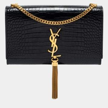 Pre Owned Saint Laurent Black Croc Embossed Leather Medium Kate Tassel Shoulder Bag