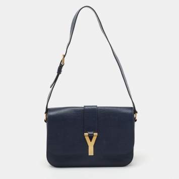 Pre Owned Saint Laurent Navy Blue Textured Leather Large Chyc Shoulder Bag