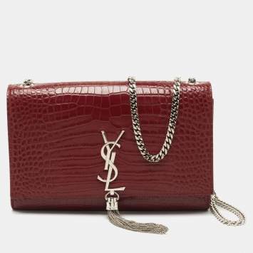 Pre Owned Saint Laurent Maroon Croc Embossed Leather Medium Kate Tassel Shoulder Bag