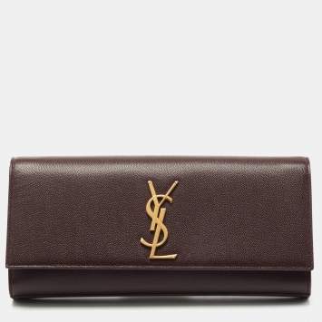 Pre Owned Saint Laurent Burgundy Grained Leather Kate Monogram Clutch