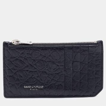 Pre Owned Saint Laurent Black Croc Embossed Leather Zip Card Case