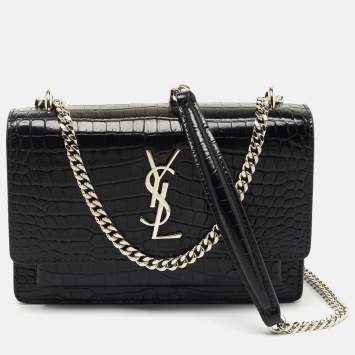 Saint Laurent Black Croc Embossed Leather Sunset Wallet On Chain