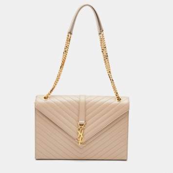 Pre Owned Saint Laurent Beige Matelassé Leather Large Monogram Envelope Shoulder Bag