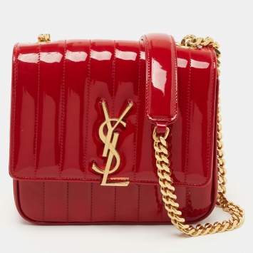 Pre Owned Saint Laurent Red Matelasse Patent Leather Medium Vicky Shoulder Bag