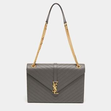Pre Owned Saint Laurent Grey Matelassé Leather Large Cassandre Flap Bag