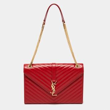 Pre Owned Saint Laurent Red Matelassé Leather Large Monogram Envelope Shoulder Bag