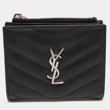 Pre Owned Saint Laurent Matelassé Leather Cassandre Zip Compact Wallet
