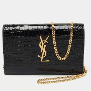 Saint Laurent Black Croc Embossed Leather Uptown Wallet on Chain