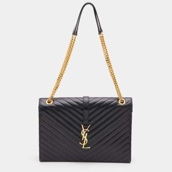 Saint Laurent Black Matelasse Leather Large Monogram Envelope Shoulder Bag