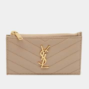 Pre Owned Saint Laurent Beige Matelasse Leather Cassandra Zip Card Case