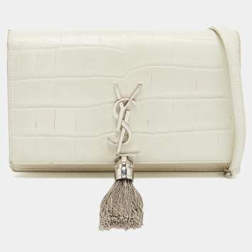 Pre Owned Saint Laurent White Croc Embossed Leather Kate Tassel Chain Wallet
