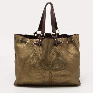 Pre Owned Yves Saint Laurent Gold/Brown Leather Reversible Double Sac Y Tote