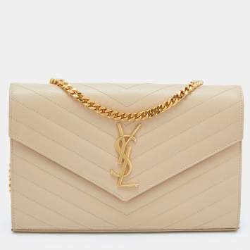 Pre Owned Saint Laurent Beige Matelassé Leather Cassandre Wallet on Chain