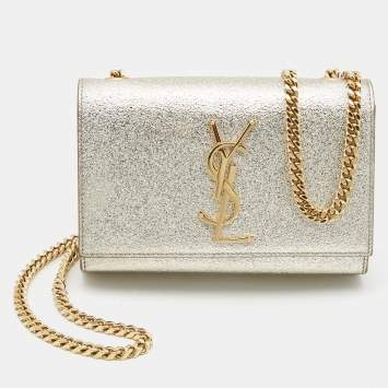 Pre Owned Saint Laurent Pale Gold Leather Small Monogram Kate Shoulder Bag