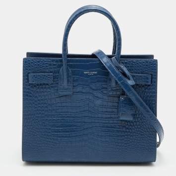 Saint Laurent Blue Croc Embossed Leather Baby Classic Sac De Jour Tote