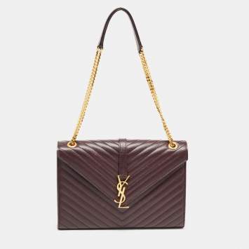 Pre Owned Saint Laurent Burgundy Matelassé Leather Large Monogram Envelope Shoulder Bag