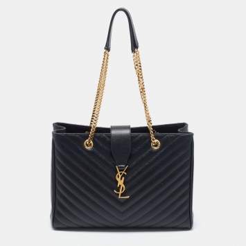 Pre Owned Saint Laurent Black Chevron Leather Monogram Chain Cassandre Tote