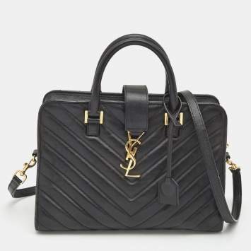 Pre Owned Saint Laurent Black Matelasse Leather Small Monogram Cabas Bag