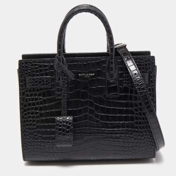 مملوكة مسبقًا Saint Laurent Black Croc Embossed Leather Nano Classic Sac De Jour Tote