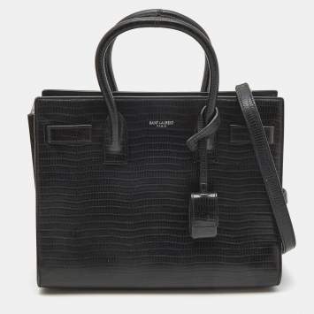 Saint Laurent Black Lizard Embossed Leather Baby Classic Sac De Jour Tote
