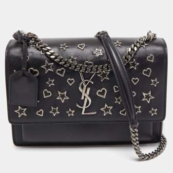 Pre Owned Saint Laurent Black Leather Medium Heart and Star Sunset Chain Shoulder Bag