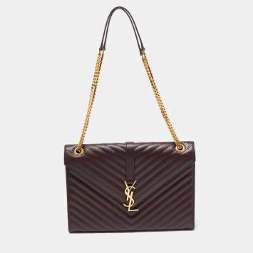 Pre Owned Saint Laurent Burgundy Matelassé Leather Large Monogram Envelope Shoulder Bag