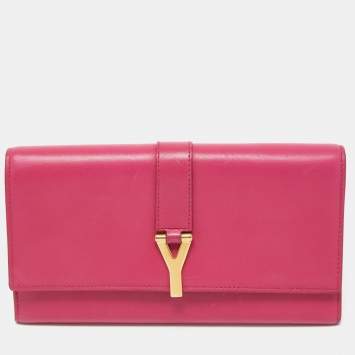 Pre Owned Saint Laurent Pink Leather Y-Ligne Flap Continental Wallet