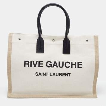 Pre Owned Saint Laurent Beige/Black Linen and Leather Rive Gauche Shopper Tote 