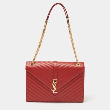 Pre Owned Saint Laurent Red Matelassé Leather Large Monogram Envelope Shoulder Bag