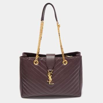 Pre Owned Saint Laurent Burgundy Matelassé Leather Monogram Shopper Tote