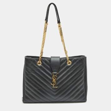 Pre Owned Saint Laurent Black Matelasse Leather Cassandre Shopper Tote