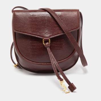 Pre Owned Saint Laurent Burgundy Lizard Embossed Leather Datcha Crossbody Bag