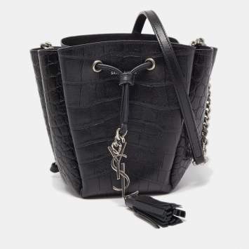 Pre Owned Saint Laurent Black Croc Embossed Leather Mini Emmanuelle Bucket Bag