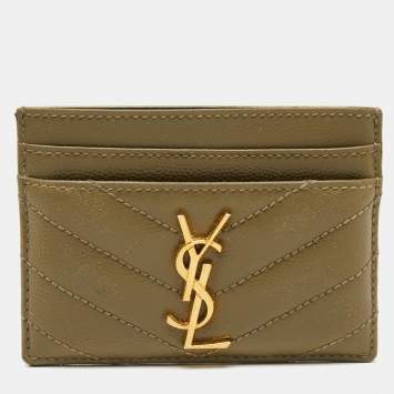 Pre Owned Saint Laurent Green Matelassé Leather Cassandre Card Holder