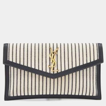 Pre Owned Saint Laurent Beige/Black Striped Canvas and Leather Medium Uptown Clutch