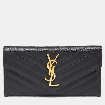 Pre Owned Saint Laurent Black Matelassé Leather Cassandre Continental Wallet