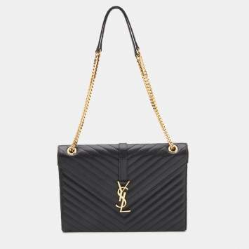 Pre Owned Saint Laurent Black Matelassé Leather Large Monogram Envelope Shoulder Bag