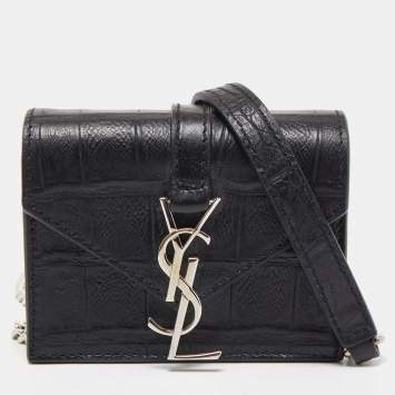 Pre Owned Saint Laurent Black Croc Embossed Leather Mini Candy Chain Wallet