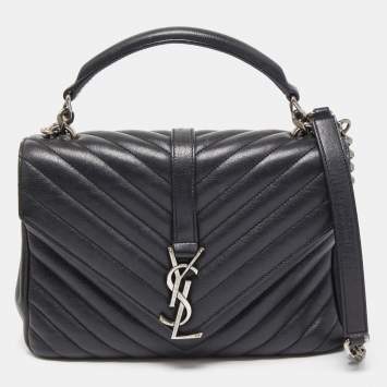 Pre Owned Saint Laurent Black Matelasse Leather Medium College Top Handle Bag