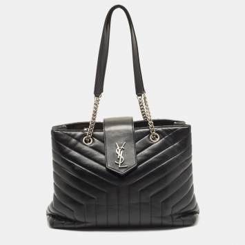 Pre Owned Saint Laurent Black Quilted Y Leather Large Loulou Shopper Tote