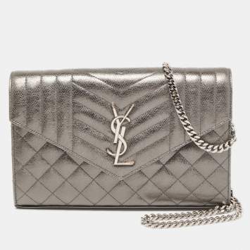 Pre Owned Saint Laurent Gun Metal Tri Quilted Leather Monogram Envelope Wallet on Chain