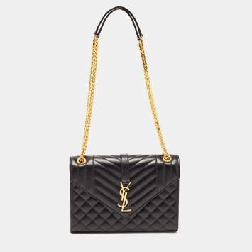 Pre Owned Saint Laurent Black Tri Quilted Leather Monogram Envelope Shoulder Bag